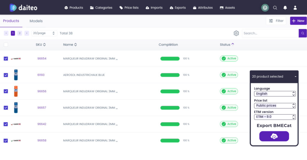 he image shows a BMECat export functionality within Daiteo's platform. Key points: 20 products selected for export. Options to customize the export: Language: Set to "English." Price list: Set to "Public prices." ETIM version: Set to "ETIM - 9.0." A clear "Export BMECat" button to generate the file instantly. It highlights an intuitive and efficient process for exporting BMECat files tailored to specific requirements.