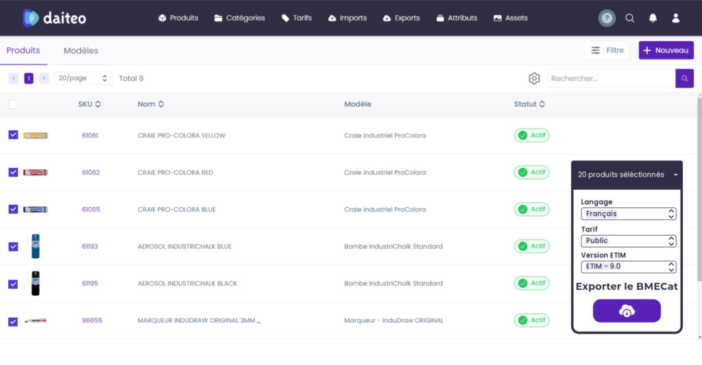 L'image montre une fonctionnalité d'export BMECat sur la plateforme Daiteo. Points clés : 20 produits sélectionnés pour l'export. Options pour personnaliser l'export : Langue : Défini sur "Anglais." Liste de prix : Défini sur "Prix publics." Version ETIM : Défini sur "ETIM - 9.0." Un bouton clair "Exporter BMECat" pour générer le fichier instantanément. Cela met en avant un processus intuitif et efficace pour exporter des fichiers BMECat adaptés aux besoins spécifiques.